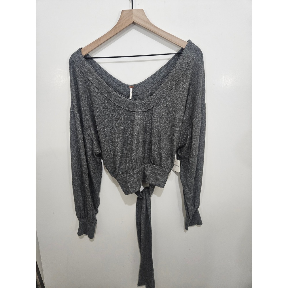 Free People NWT M Gray Tie Front Dolman Top Off Shoulder Slouchy Long Sleeve